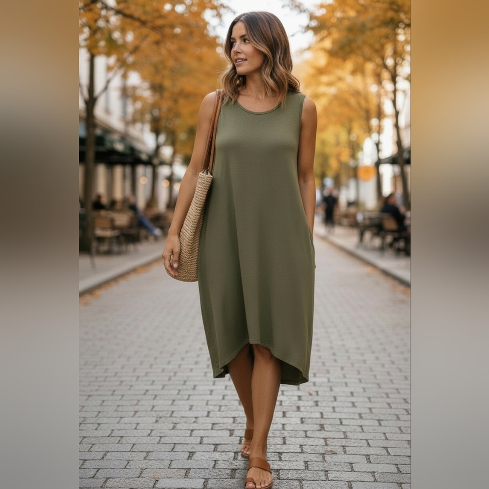 CHICOS Olive Green Knit Asymmetrical Midi Dress Slvls Scoop Neck Sz 3 = US 16/XL